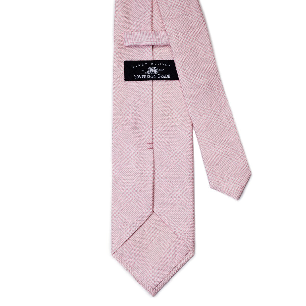 A KirbyAllison.com Sovereign Grade Pink Prince of Wales Check, 150 CM necktie on a white background.