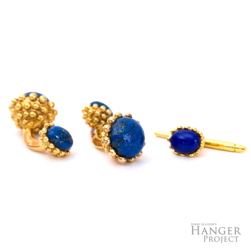 A pair of Lapis Lazuli Golden Acorn Cufflinks from KirbyAllison.com in 14 kt gold.