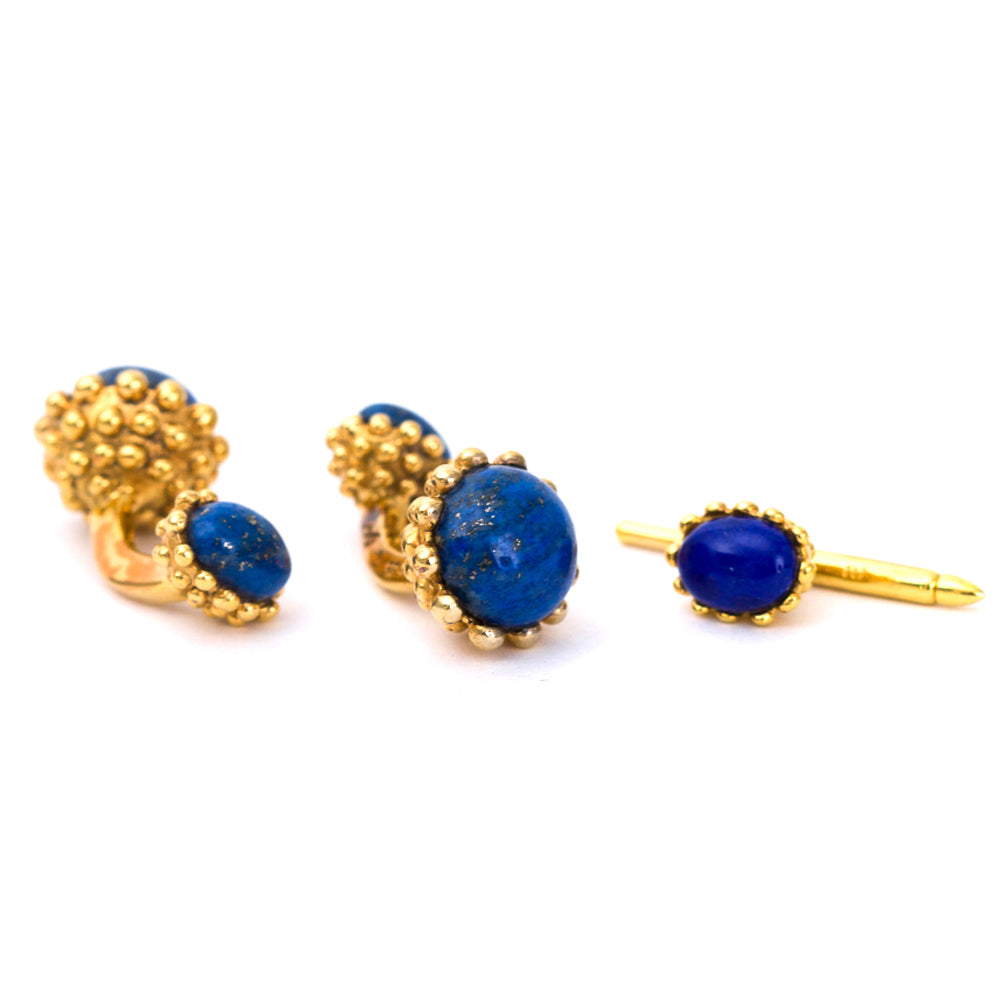 A pair of Lapis Lazuli Golden Acorn cufflinks by KirbyAllison.com.
