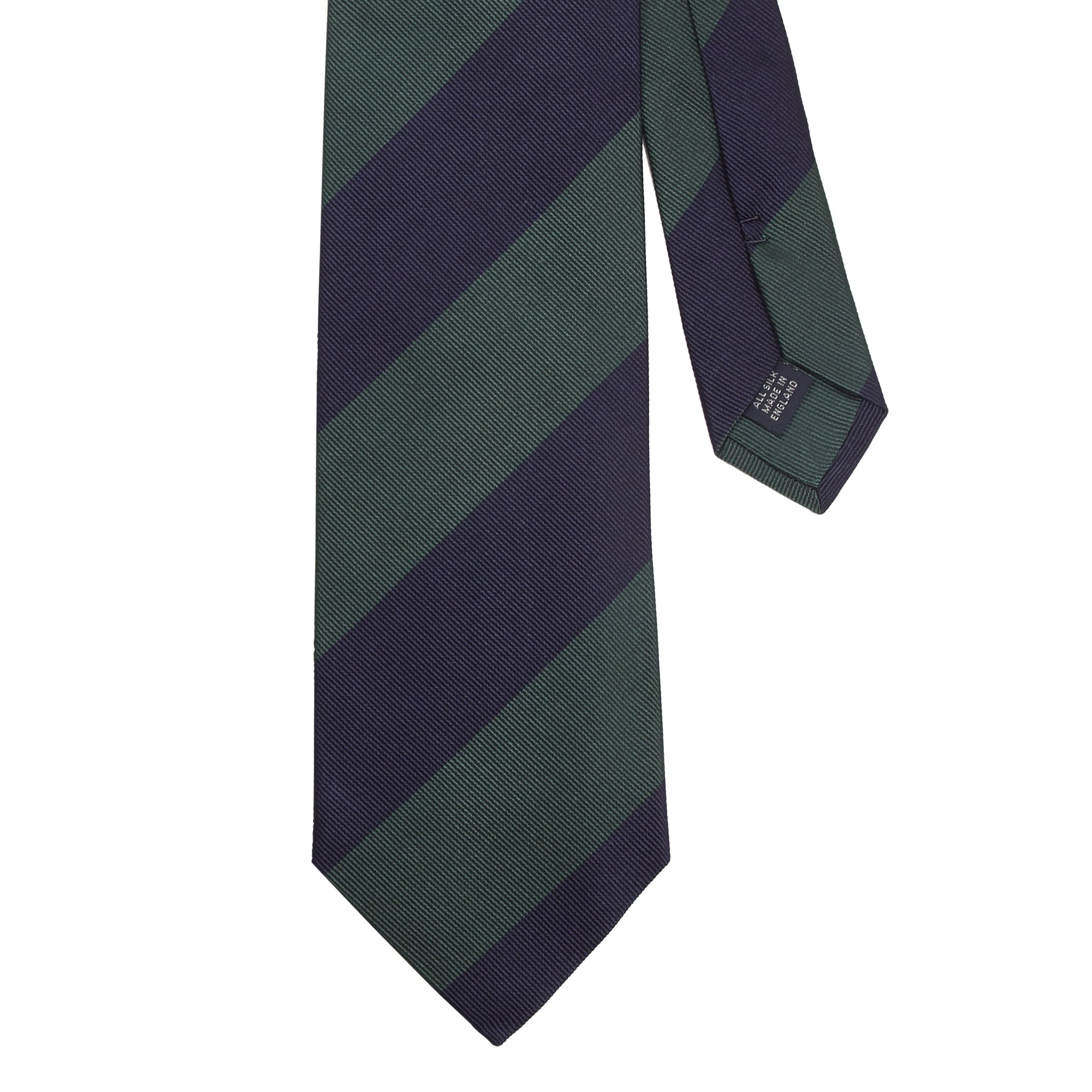 A KirbyAllison.com Sovereign Grade Midnight/Forest Household Guards (Royal Artillery) Tie in green and navy stripes on a white background.