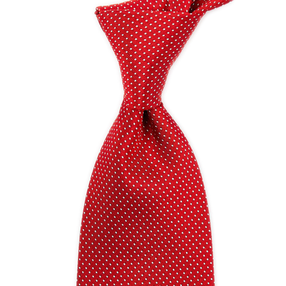 A Sovereign Grade Red Silk Micro Dot Tie by KirbyAllison.com, handmade in the United Kingdom with premium linings, on a white background.