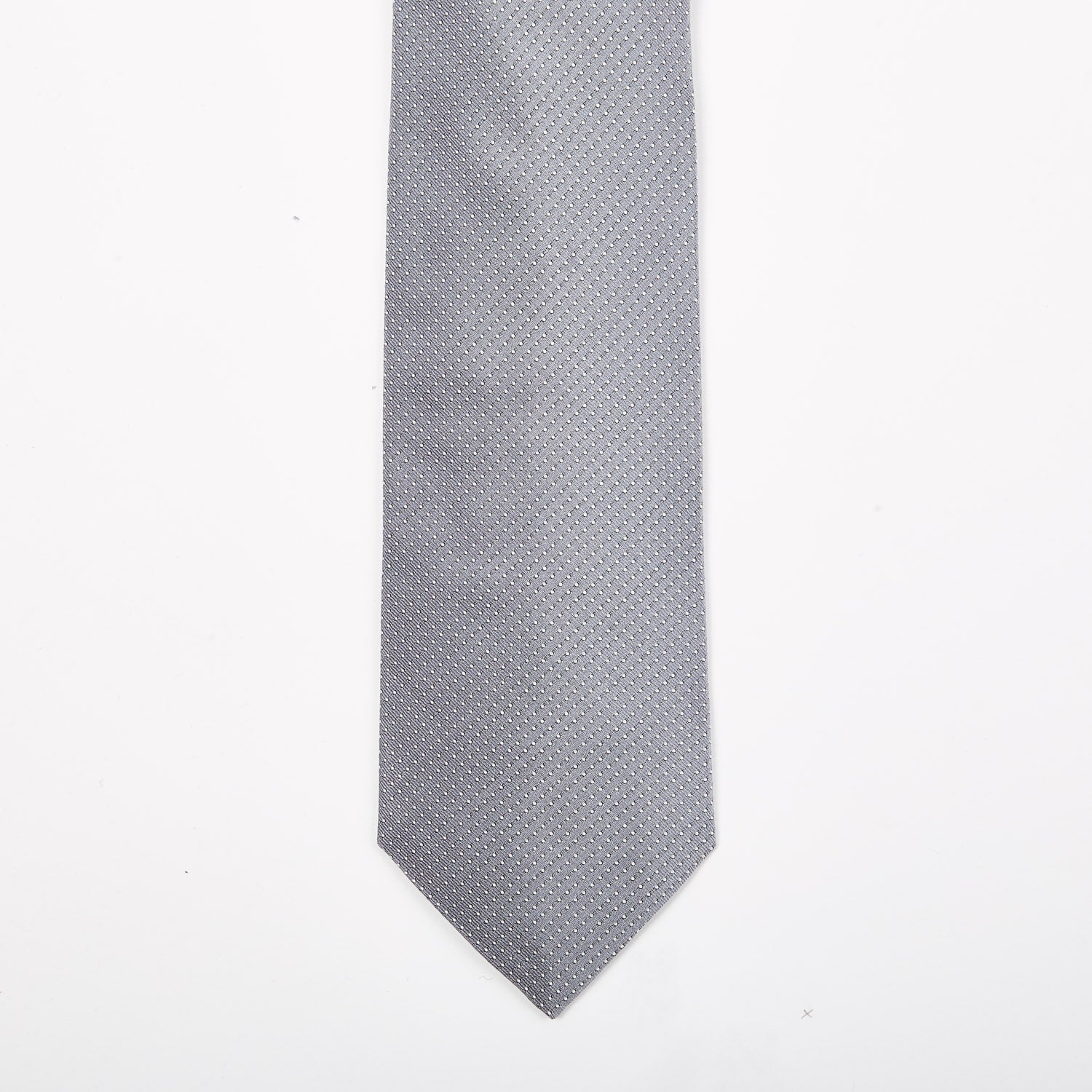 A KirbyAllison.com Sovereign Grade Silver Silk Micro Dot Tie on a white background.