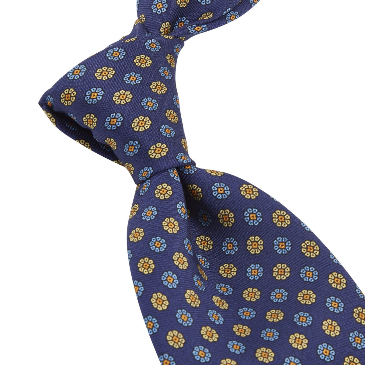 A Sovereign Grade Royal/Blue/Cream Maccesfield Corn Floral Motif Tie with yellow and blue flowers, crafted with the highest quality, from KirbyAllison.com.