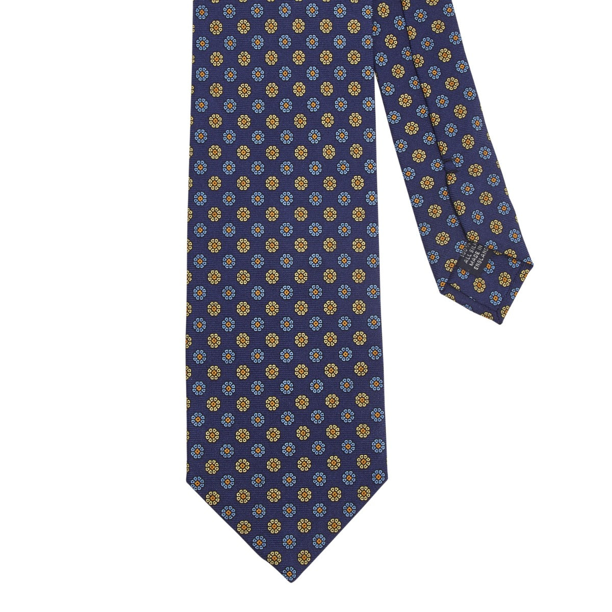 A Sovereign Grade Royal/Blue/Cream Maccesfield Corn Floral Motif tie showcasing highest quality craftsmanship on a white background, brought to you by KirbyAllison.com.