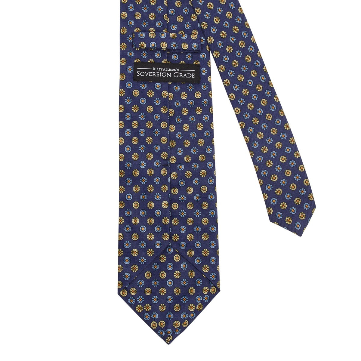 A meticulously crafted Sovereign Grade Royal/Blue/Cream Maccesfield Corn Floral Motif tie on a white background from KirbyAllison.com.
