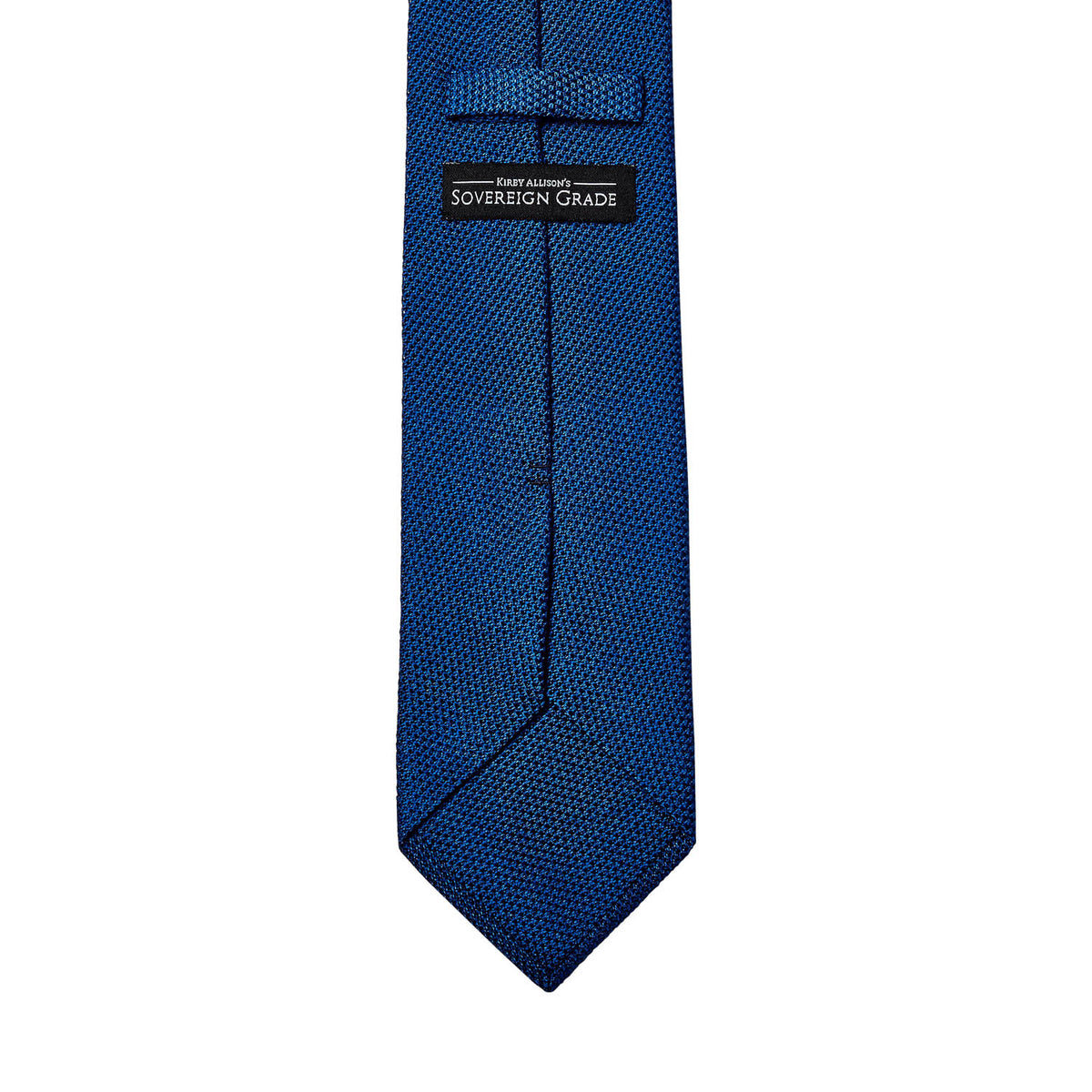 A KirbyAllison.com Sovereign Grade Grenadine Fina Bright Blue Tie on a white background.
