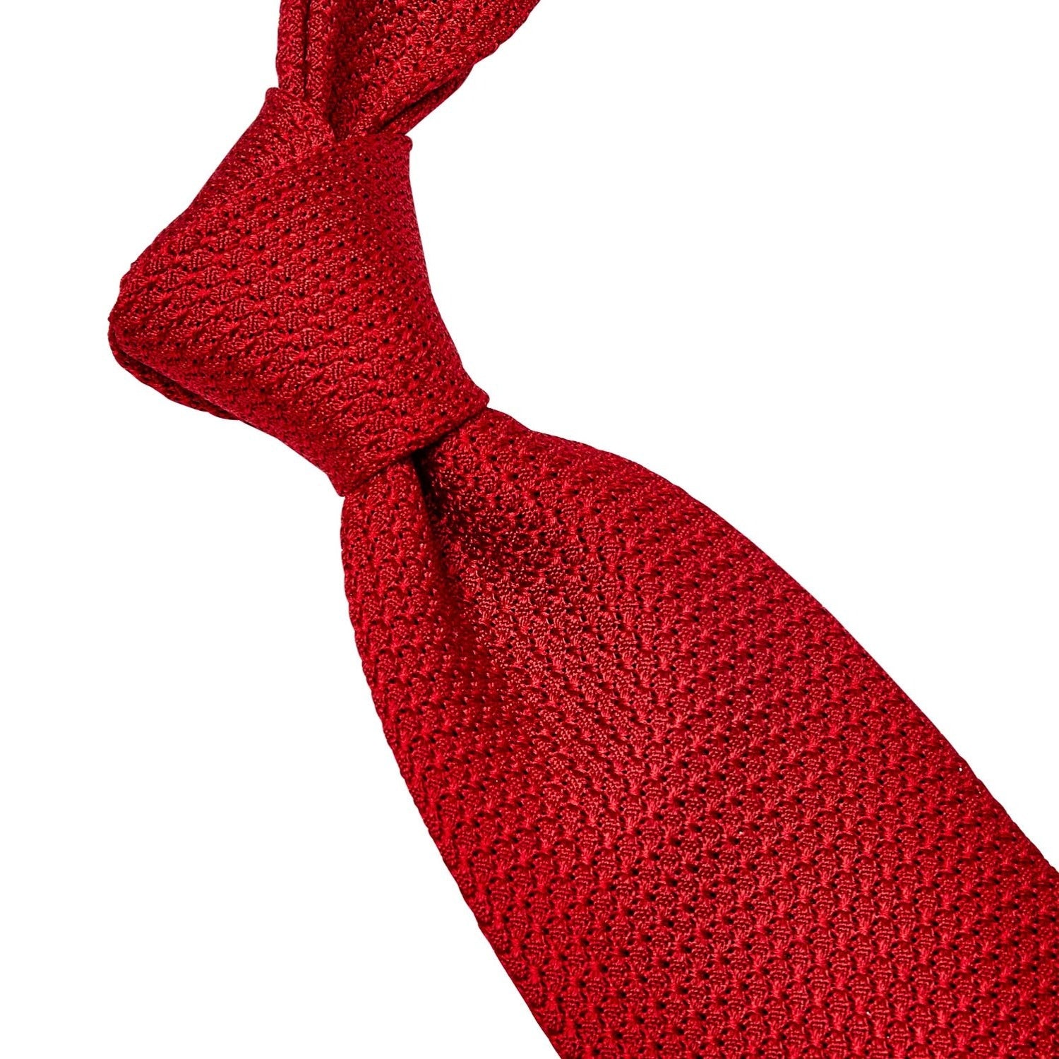 A handmade Sovereign Grade Grenadine Grossa Red Tie from KirbyAllison.com, on a white background.