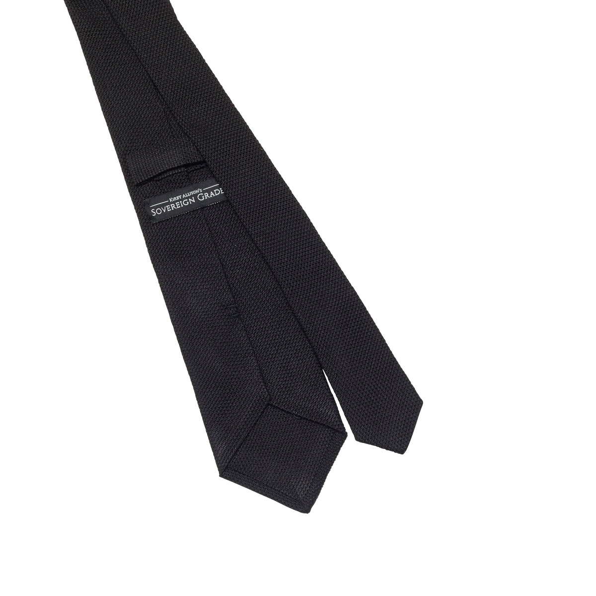 A Sovereign Grade Black Grenadine Fina Tie by KirbyAllison.com on a white background in the United Kingdom.