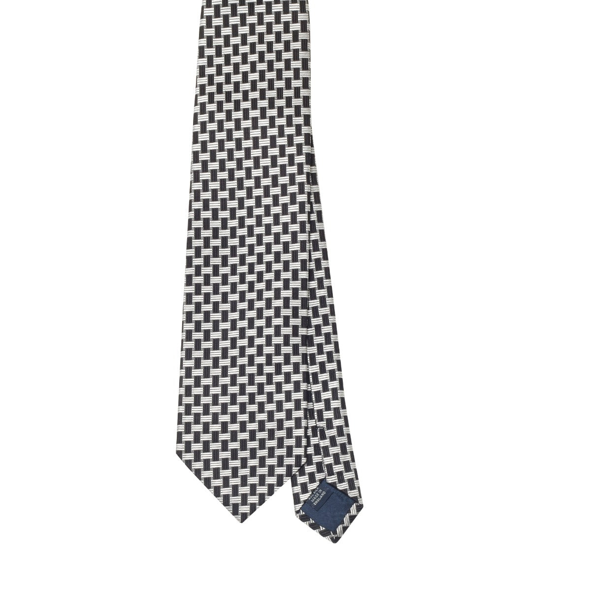 A high-quality, handmade KirbyAllison.com Sovereign Grade Basket Weave Silk Tie with black and white checkered pattern on a white background.