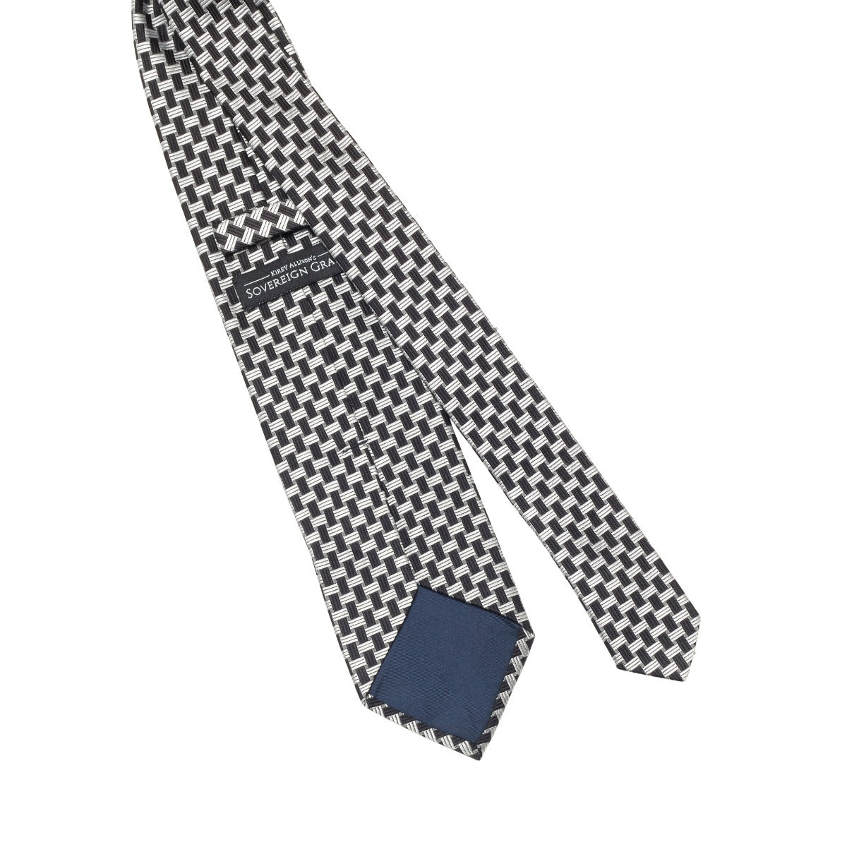 A handmade black and white checkered KirbyAllison.com Sovereign Grade Basket Weave Silk Tie, showcasing high-quality craftsmanship, on a white background.