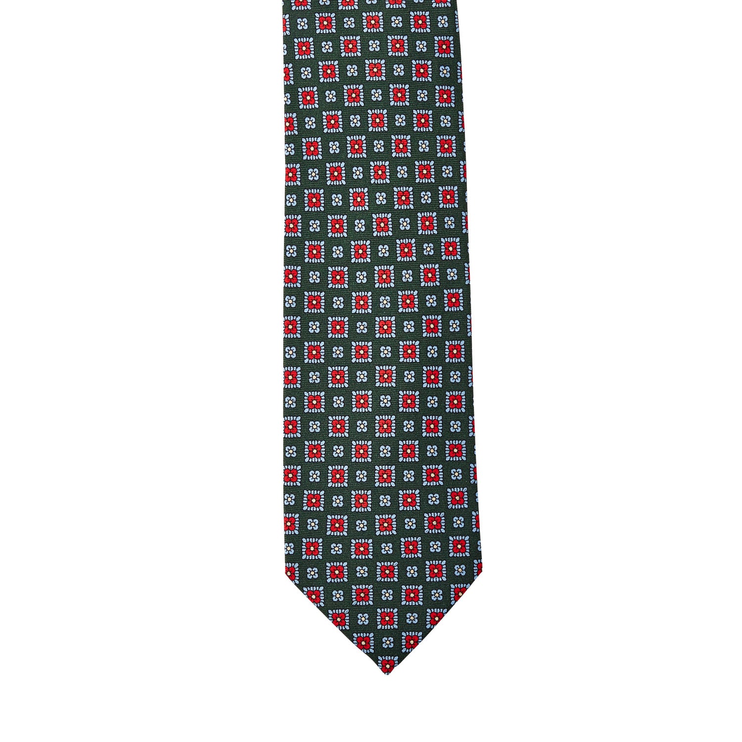 A green and red KirbyAllison.com Sovereign Grade Forest 36oz Printed Silk Maccesfield tie with squares on it, handmade in the United Kingdom using 100% English silk.