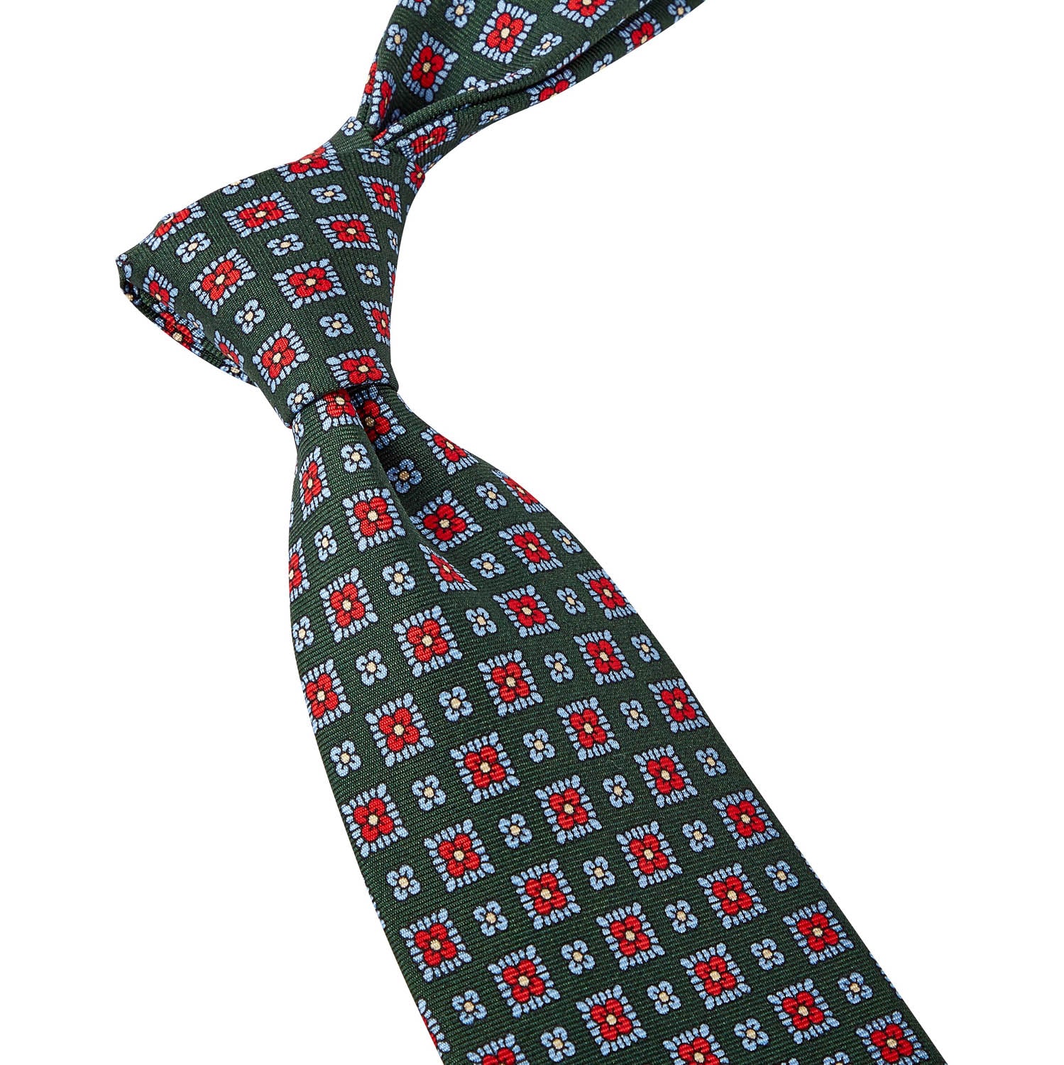A Sovereign Grade Forest 36oz Printed Silk Maccesfield Tie with red and green designs, crafted from 100% English silk by KirbyAllison.com.