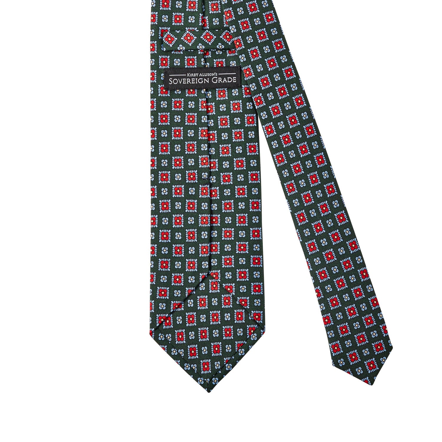 A Sovereign Grade Forest 36oz Printed Silk Maccesfield Tie with red and green squares on it, handmade in the United Kingdom using 100% English silk by KirbyAllison.com.