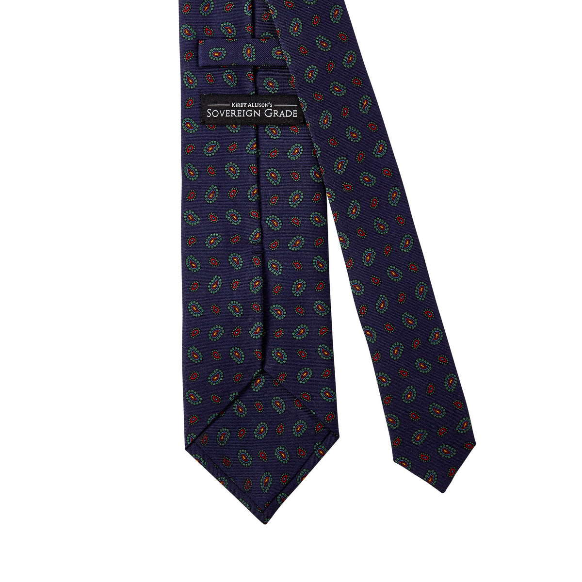 A KirbyAllison.com Sovereign Grade Navy 36oz Printed Silk Paisley Tie, showcasing exquisite craftsmanship from the United Kingdom.