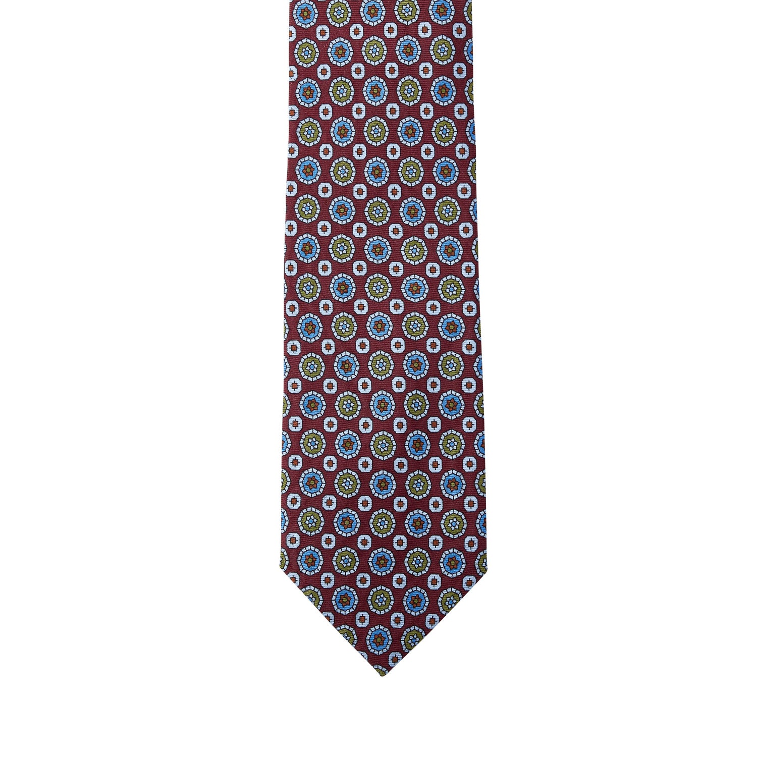A Sovereign Grade Burgundy 36oz Printed Silk Maccesfield Tie with a red, blue, and green pattern from KirbyAllison.com.