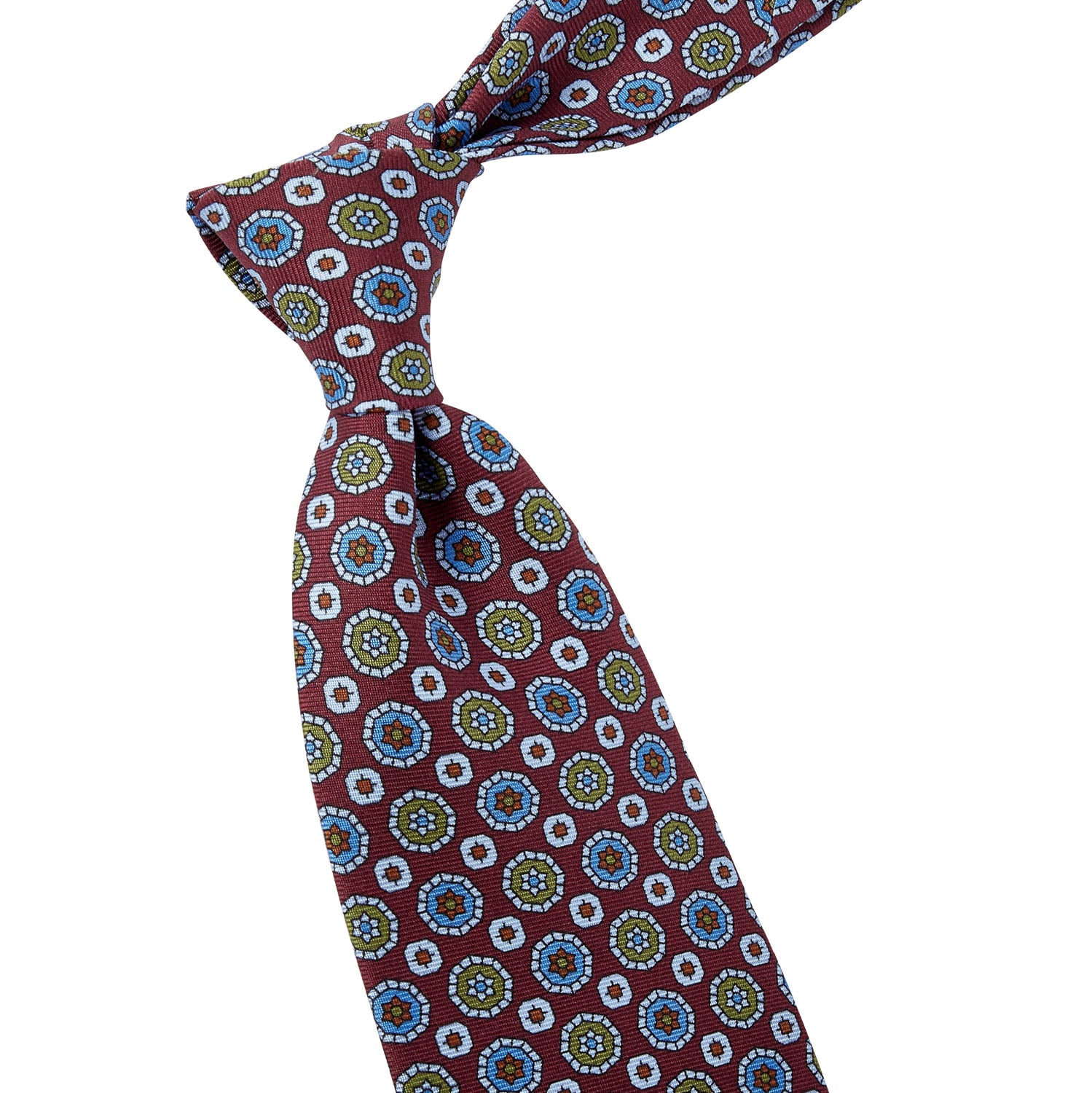 A handmade Sovereign Grade Burgundy 36oz Printed Silk Maccesfield Tie with blue and green circles, perfect for KirbyAllison.com enthusiasts and lovers of Kirby Allison.