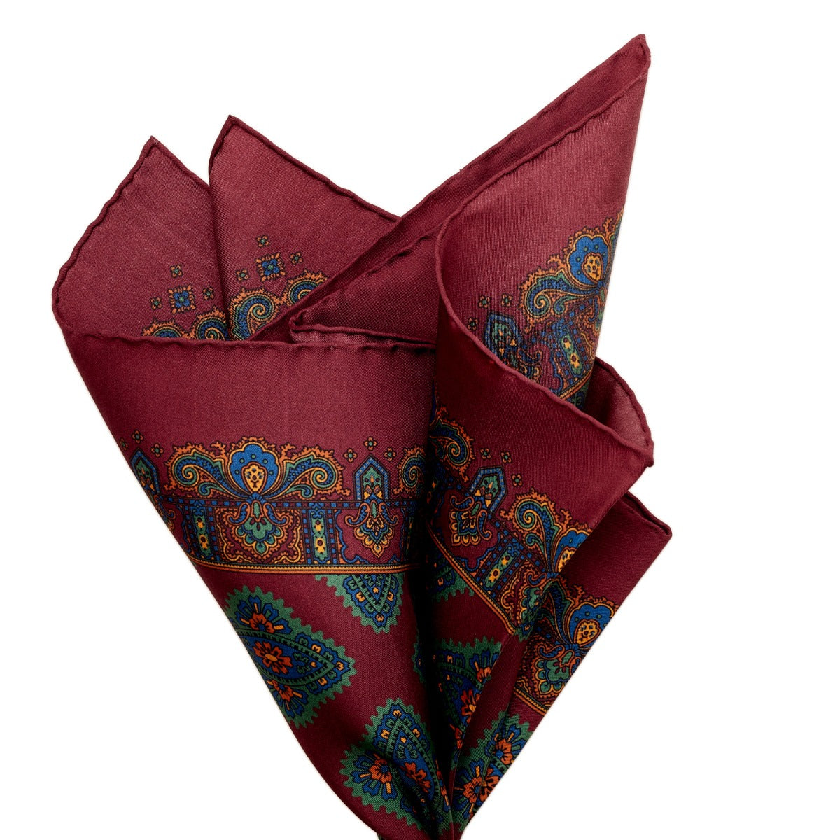 A Sovereign Grade 100% Silk Burgundy Pocket Square with hand-rolled edges made from English silk, from KirbyAllison.com.