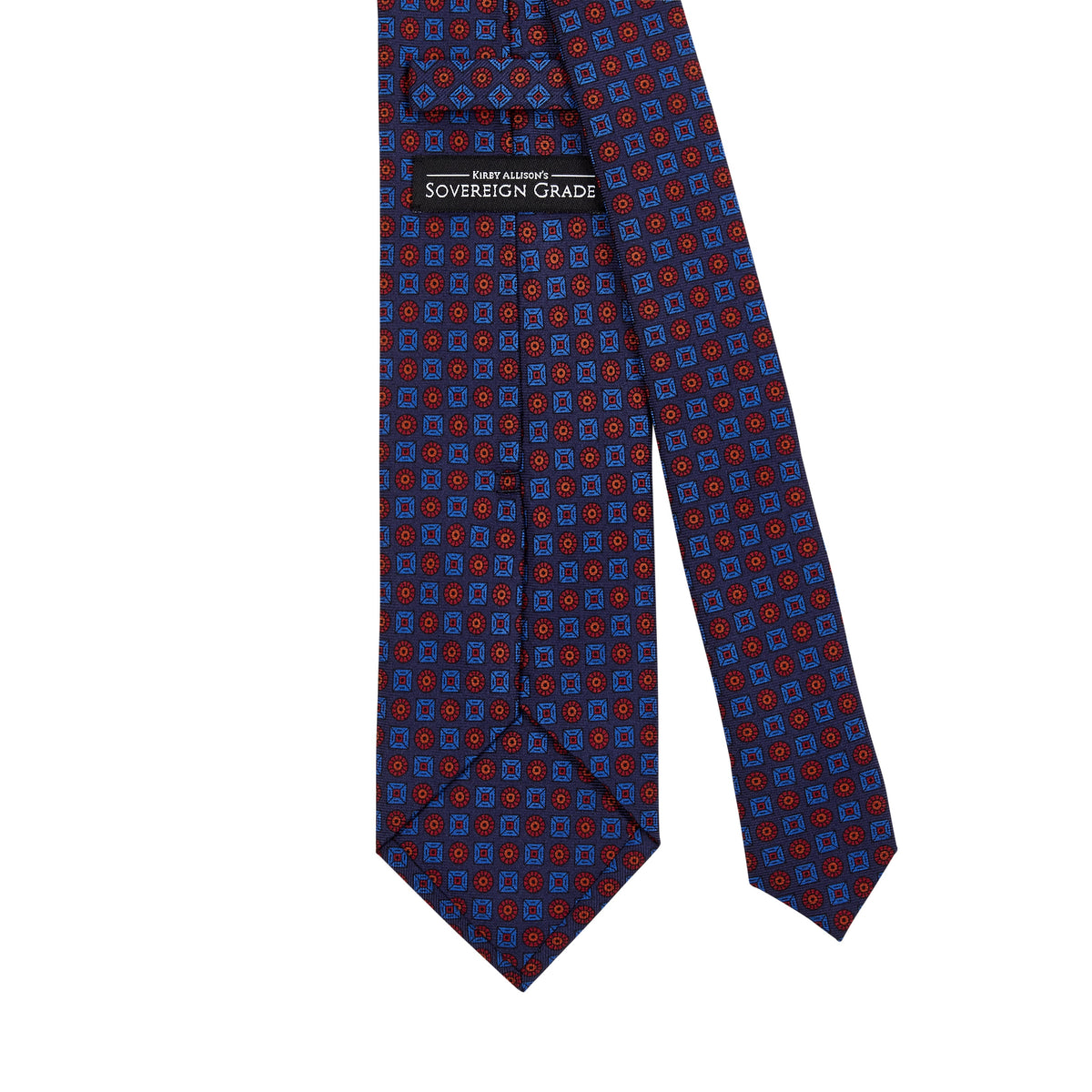 A Sovereign Grade Navy Ancient Madder Tie by KirbyAllison.com, handmade with 100% English silk and featuring a polka dot pattern.