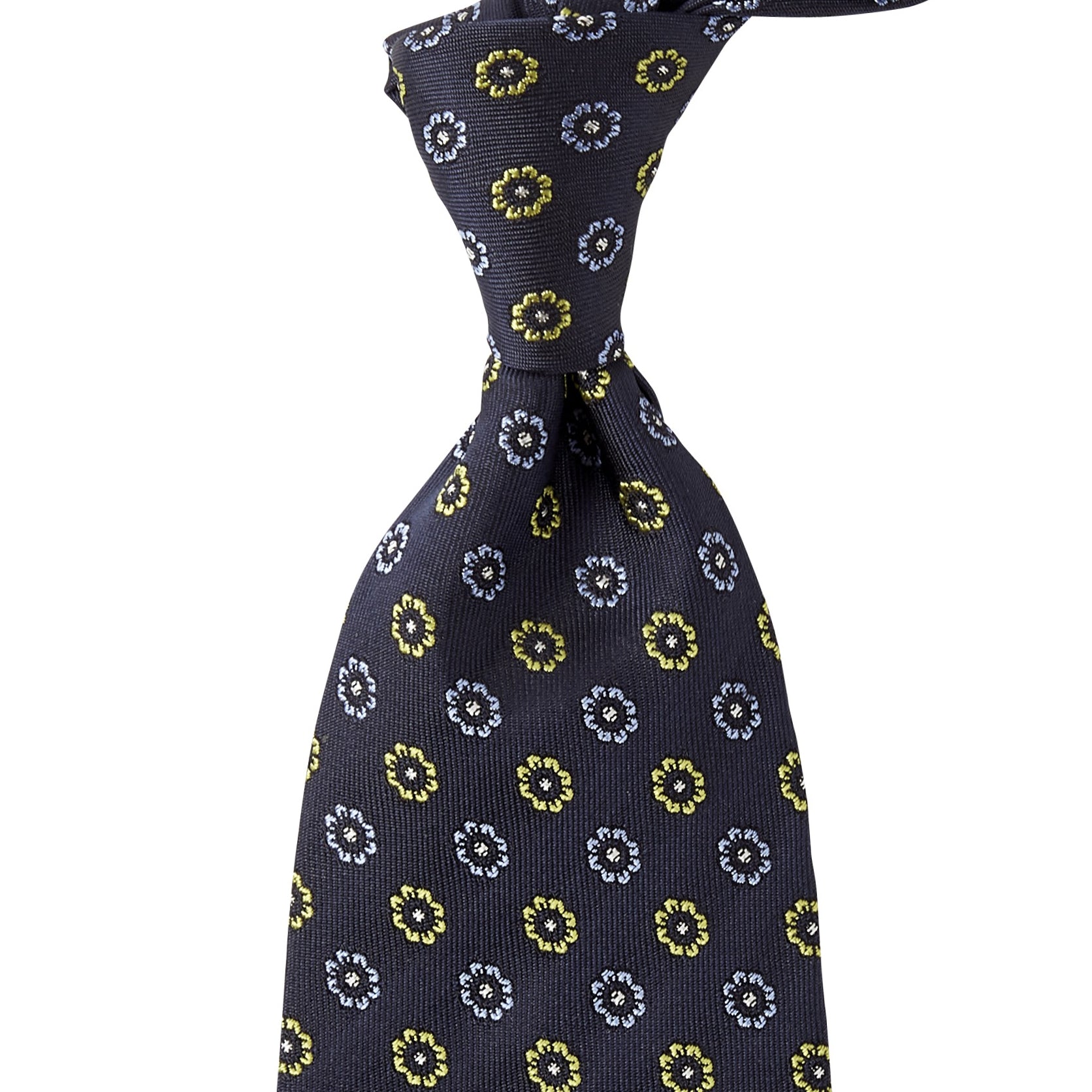 A KirbyAllison.com Sovereign Grade Navy Blue and Lime Jacquard Tie with quality yellow circles on it.