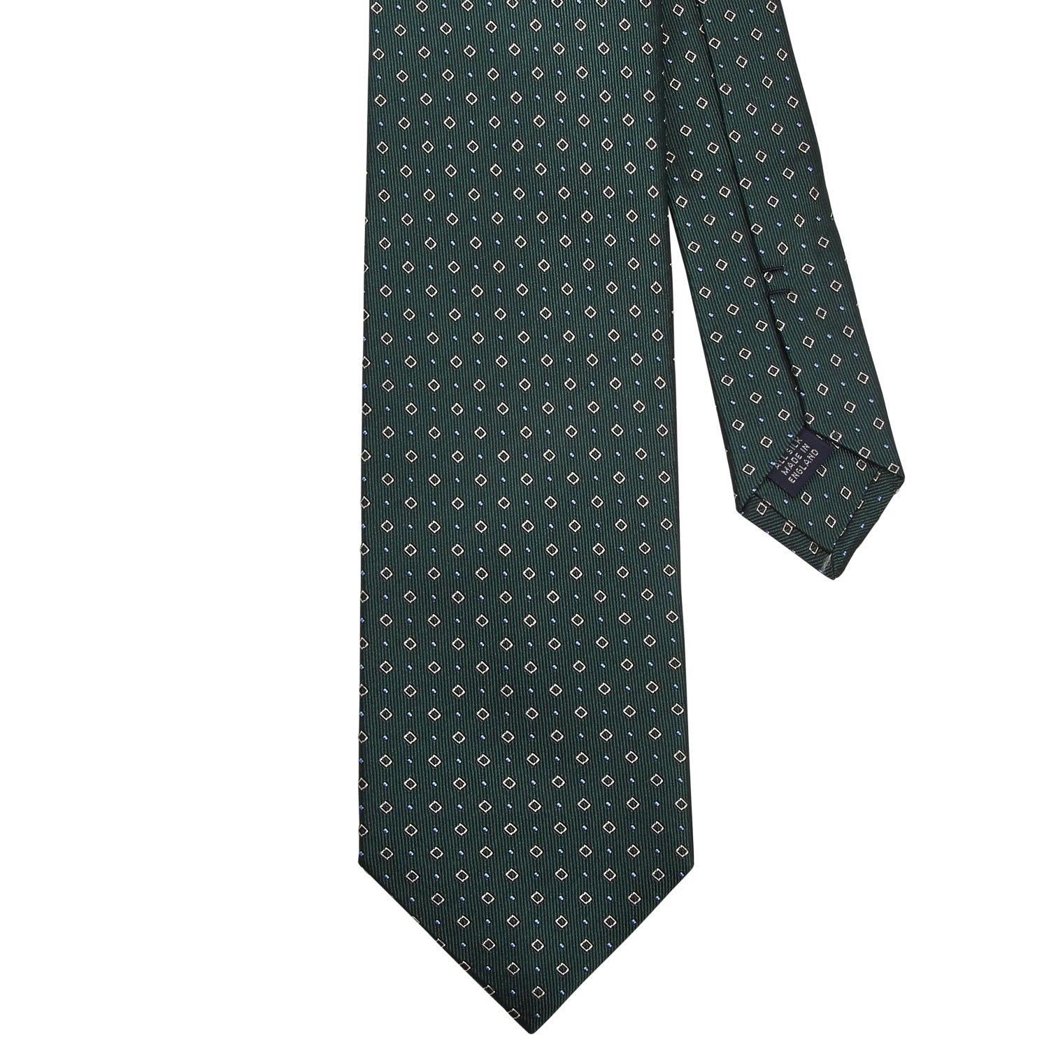A handmade Sovereign Grade Forest Green Alternating Square Dot Jacquard Tie from KirbyAllison.com in the United Kingdom, featuring a small polka dot pattern.