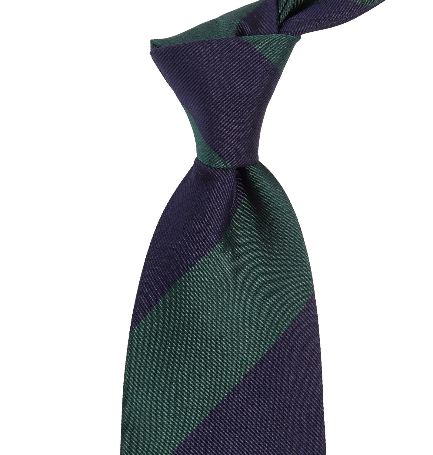 A high-quality KirbyAllison.com Sovereign Grade Midnight/Forest Household Guards (Royal Artillery) tie with green and blue colors on a white background.
