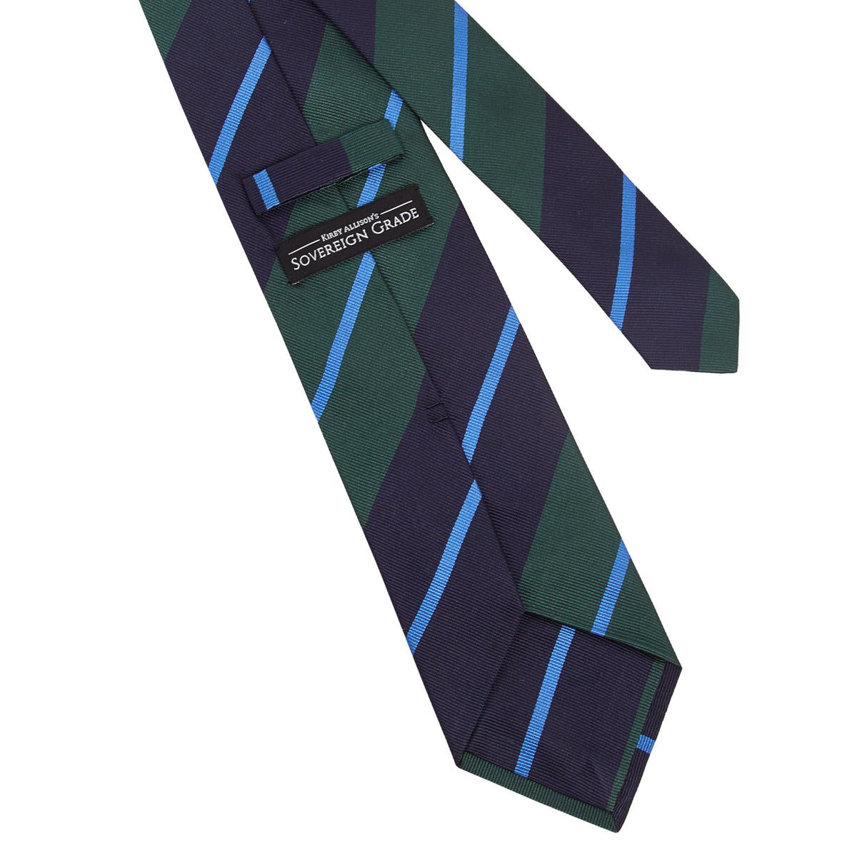 A Sovereign Grade Navy/Green Rep Tie by KirbyAllison.com, a handmade green and blue striped tie on a white background of the highest quality.
