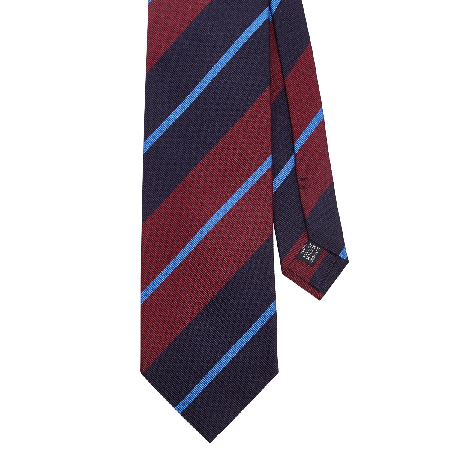 A Sovereign Grade Navy/Burgundy Rep Tie from KirbyAllison.com, a high-quality handmade tie with blue and red stripes on a white background, perfect for the United Kingdom.