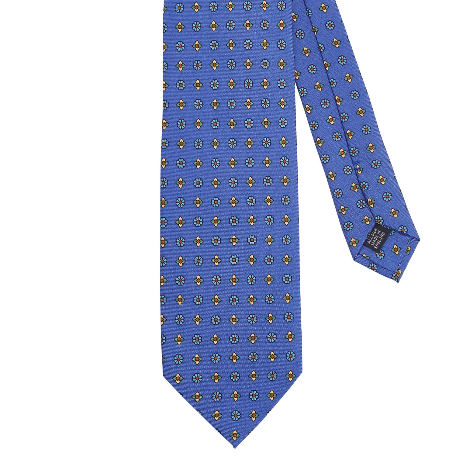 A Sovereign Grade Lido Blue Floral Printed Silk Tie, crafted from 100% English silk by Kirby Allison.com in the United Kingdom.