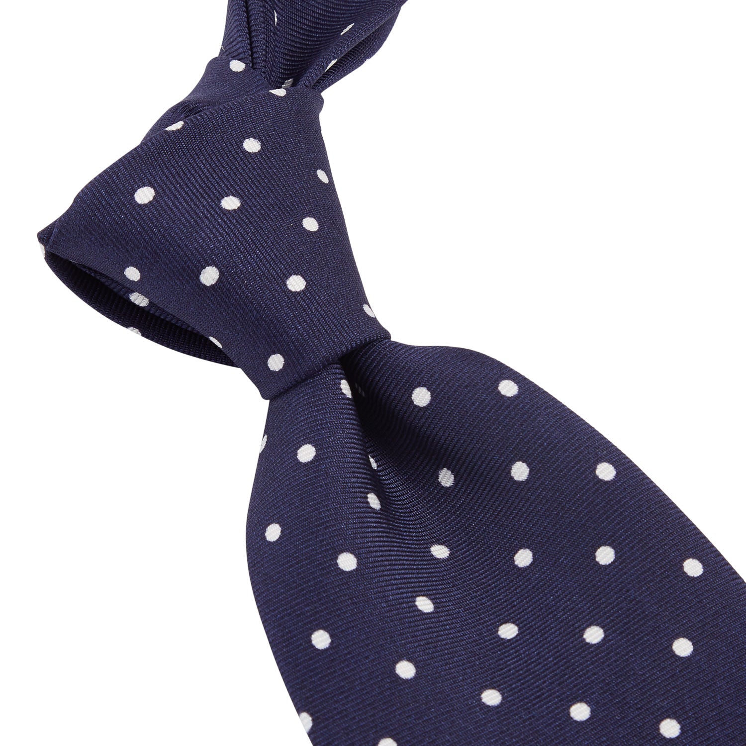 A high-quality Sovereign Grade Navy White London Dot Printed Silk Tie handmade in the United Kingdom from KirbyAllison.com.