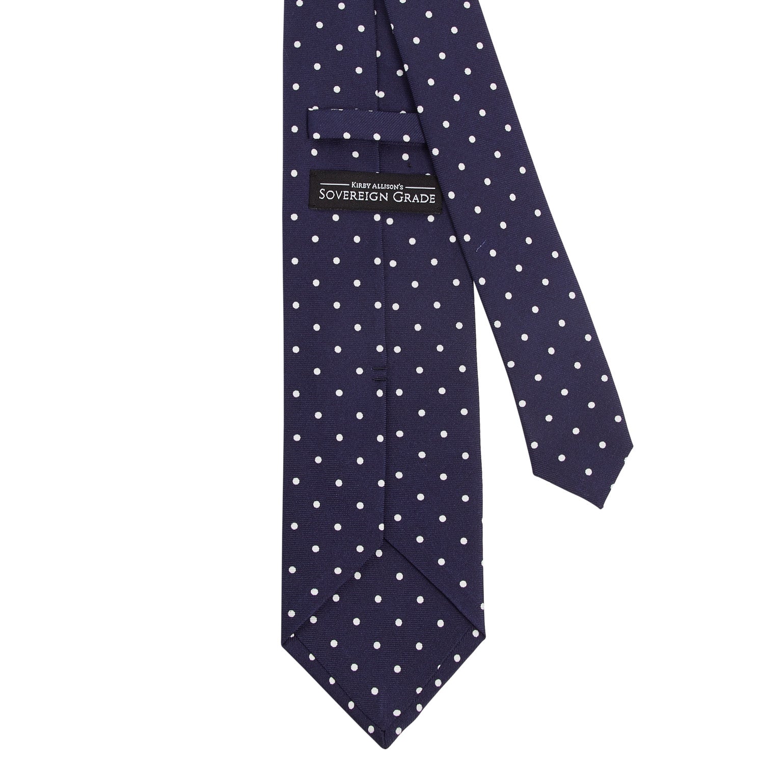 A quality Sovereign Grade Navy White London Dot Printed Silk Tie by KirbyAllison.com on a white background.