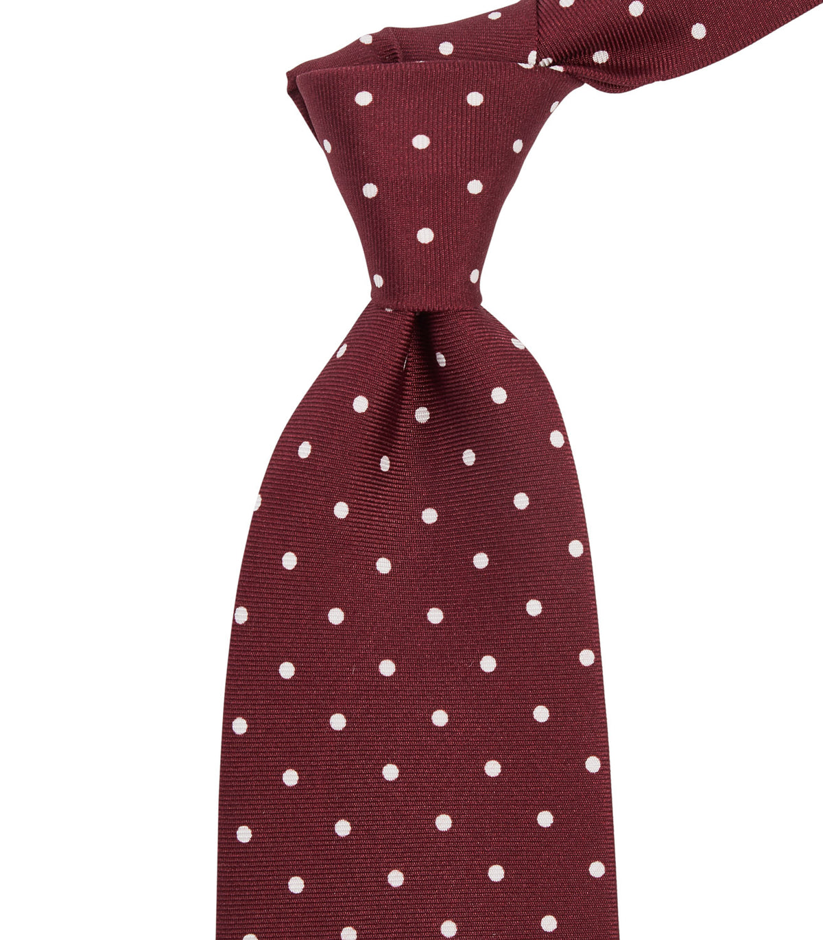 A Sovereign Grade Burgundy London Dot Printed Silk Tie from KirbyAllison.com showcasing craftsmanship and the highest quality.