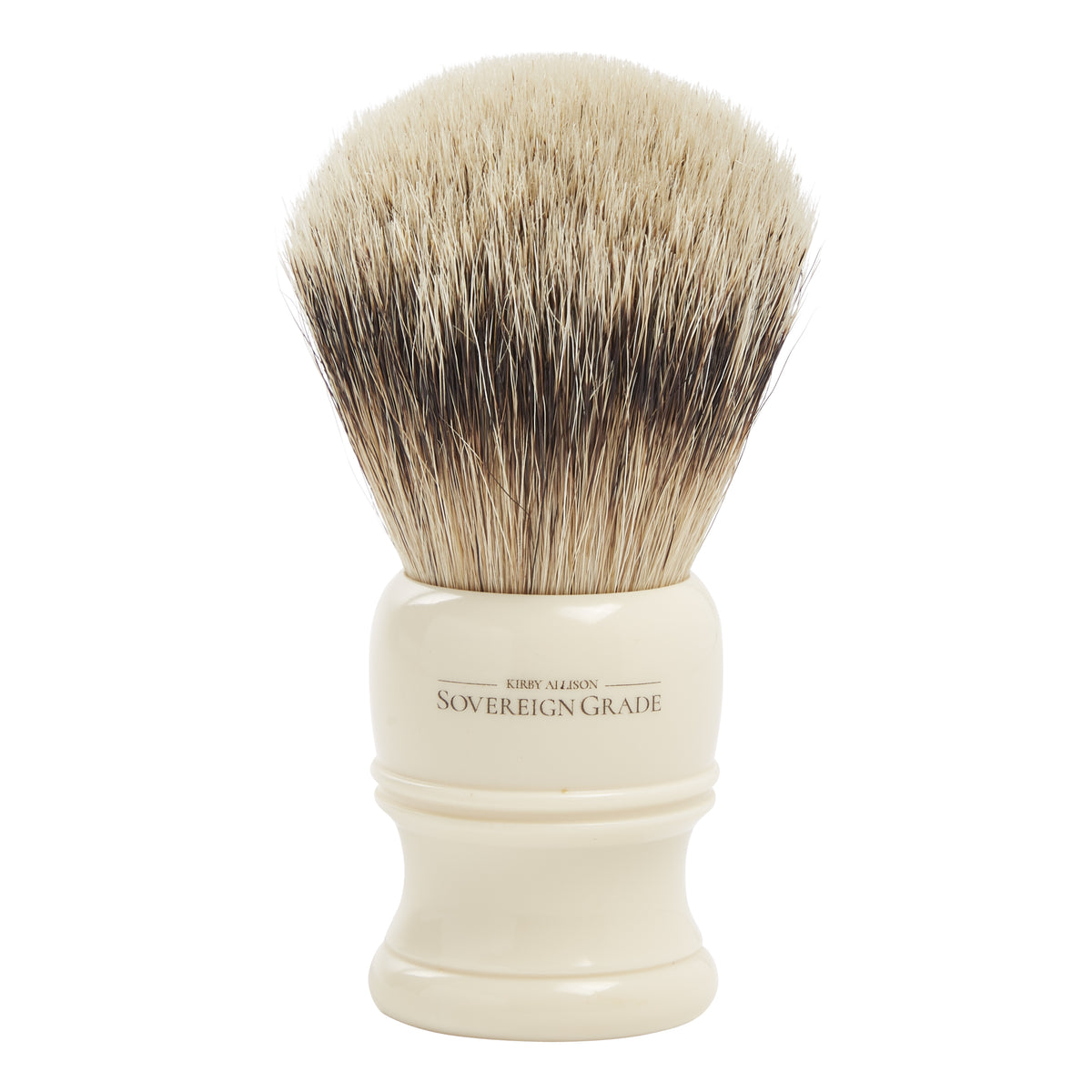 A Sovereign Grade Silvertip Badger Brush by KirbyAllison.com on a white background.
