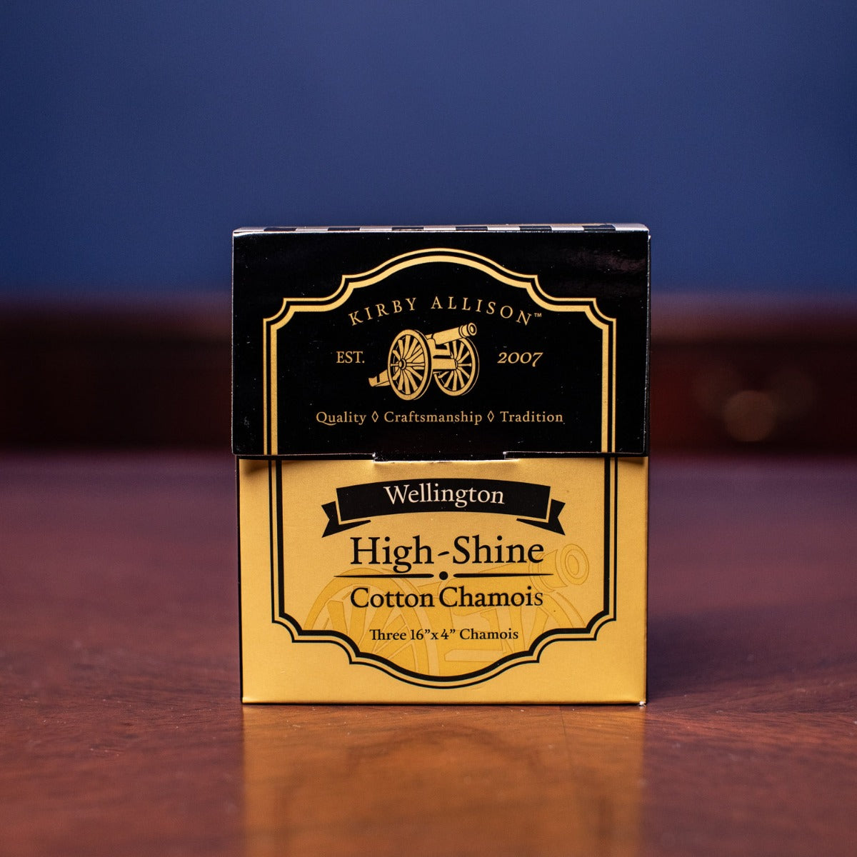 A box of Wellington High Shine Interlocking Cotton Chamois (Set of 3) cigars by KirbyAllison.com on a table.