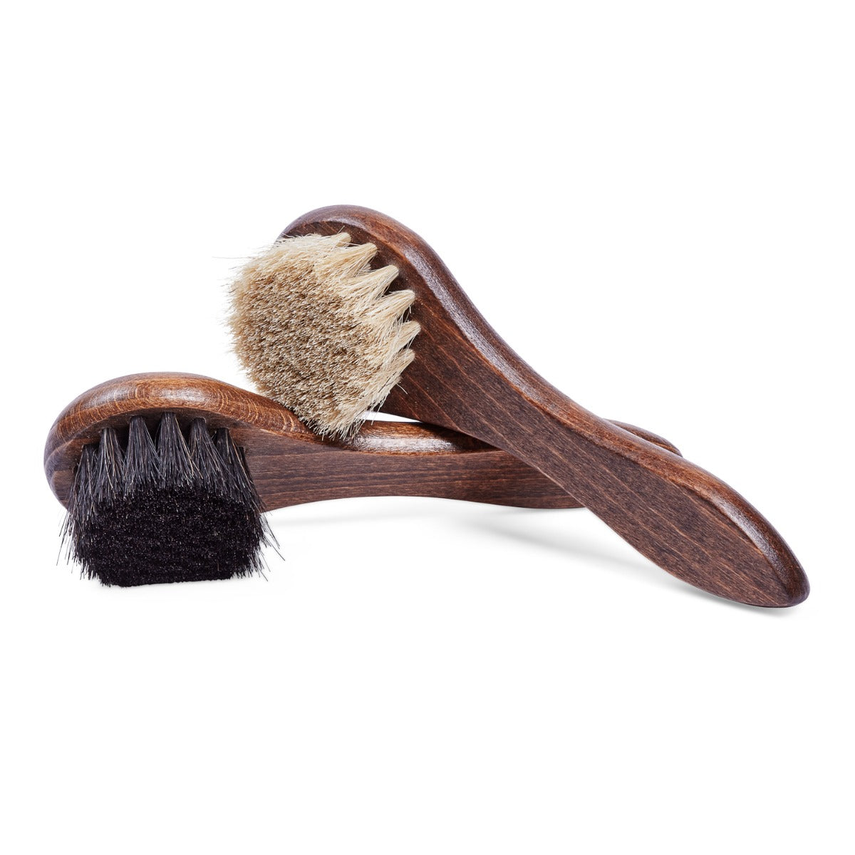 Two wooden brushes, including an Extra-Large Shoe Cleaning Dauber from KirbyAllison.com, on a white background.
