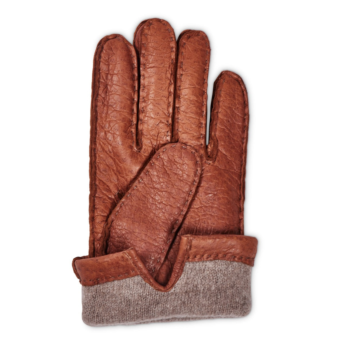 A pair of Sovereign Grade Medium Brown Peccary Leather Gloves, Cashmere Lined by KirbyAllison.com offering maximum warmth on a white background.