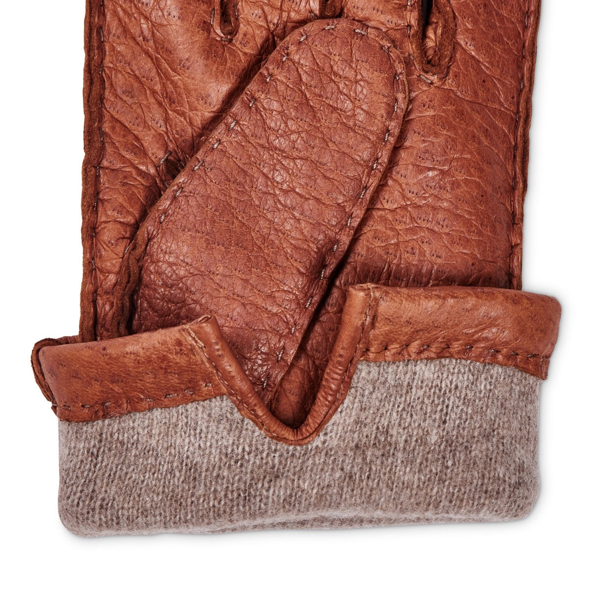 A pair of Sovereign Grade Medium Brown Peccary Leather Gloves, Cashmere Lined by KirbyAllison.com on a white background.