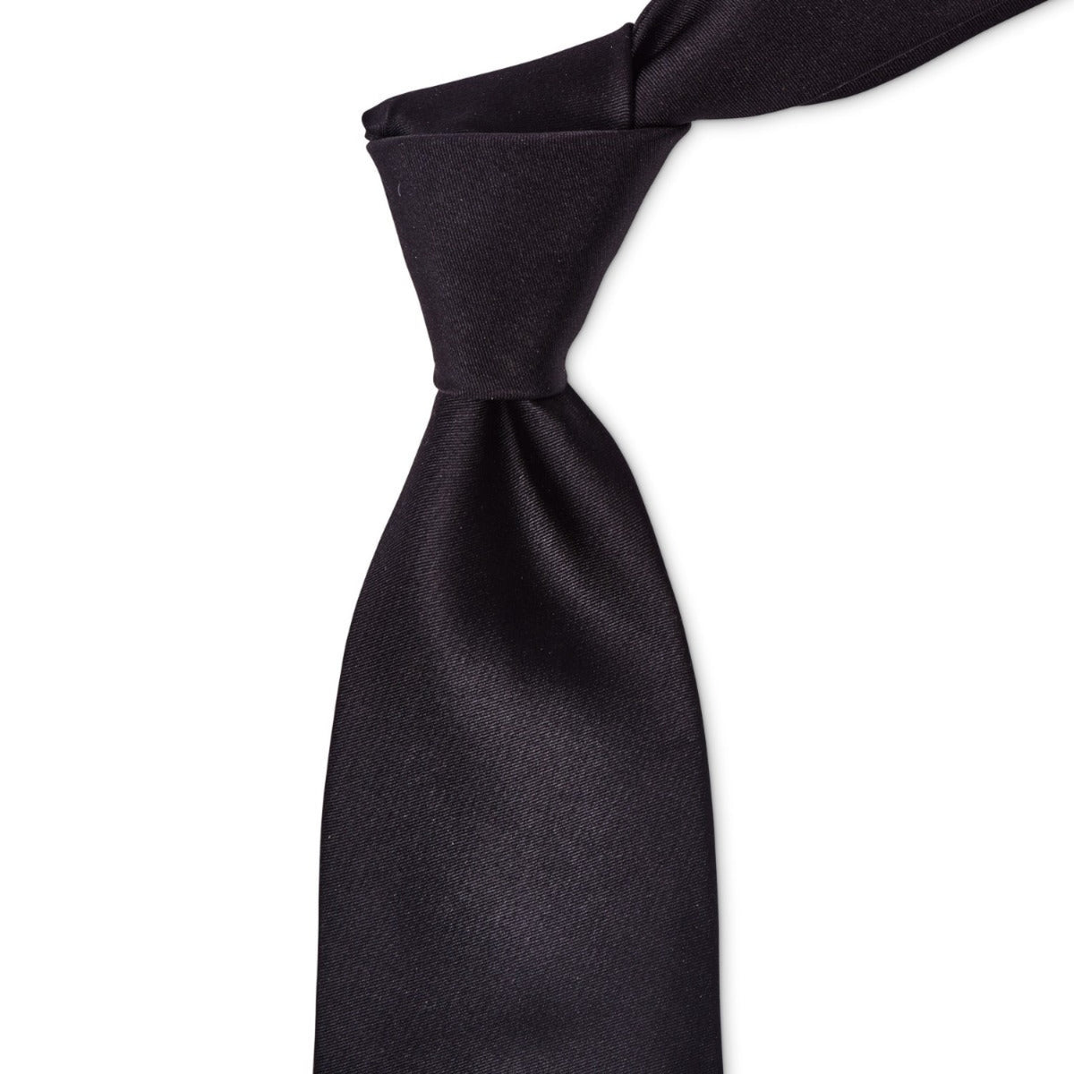 A handmade, 100% Sovereign Grade Black Solid Satin Tie from KirbyAllison.com on a white background.