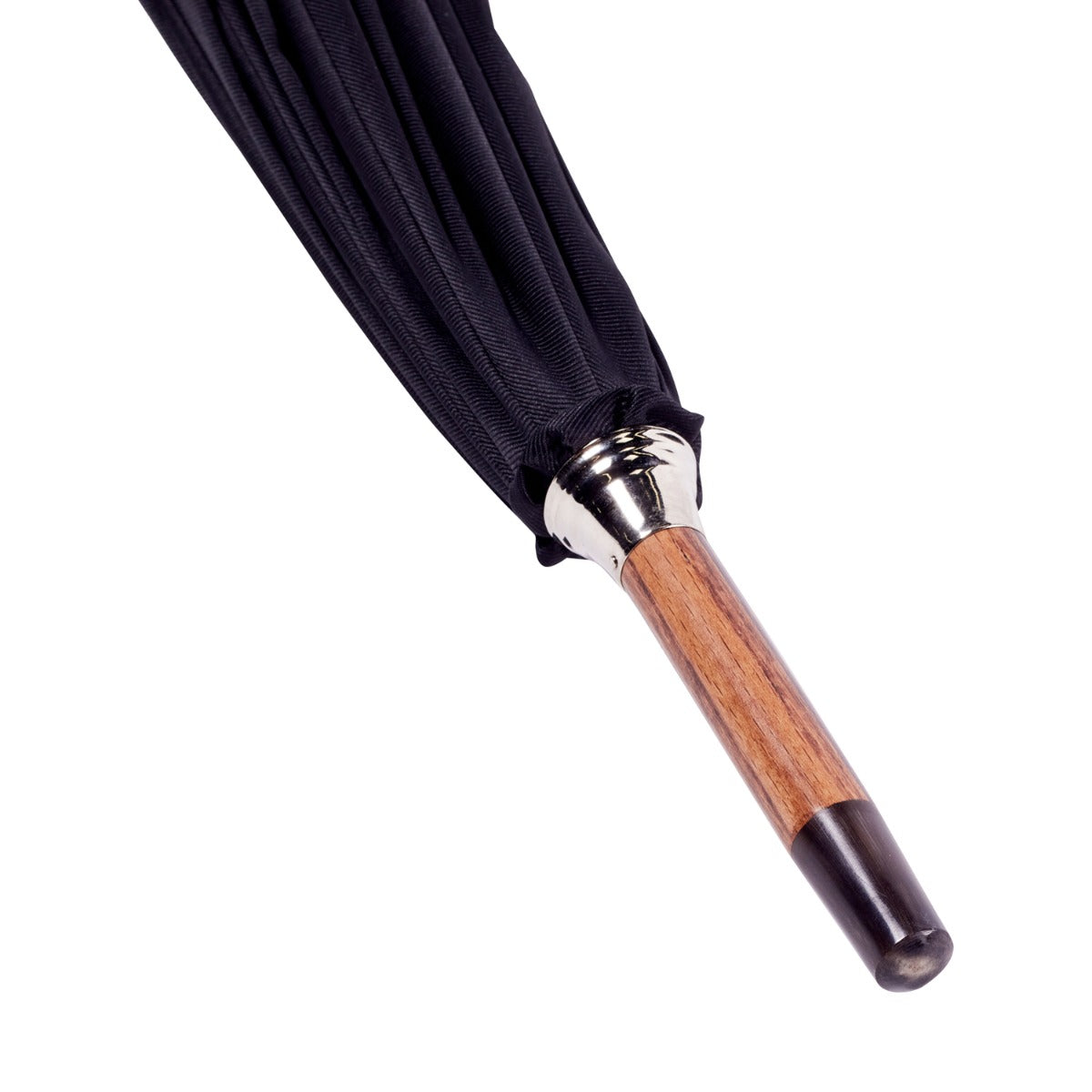 A handcrafted Black Pigskin Solid Stick Umbrella with Black Canopy from KirbyAllison.com with a wooden handle.