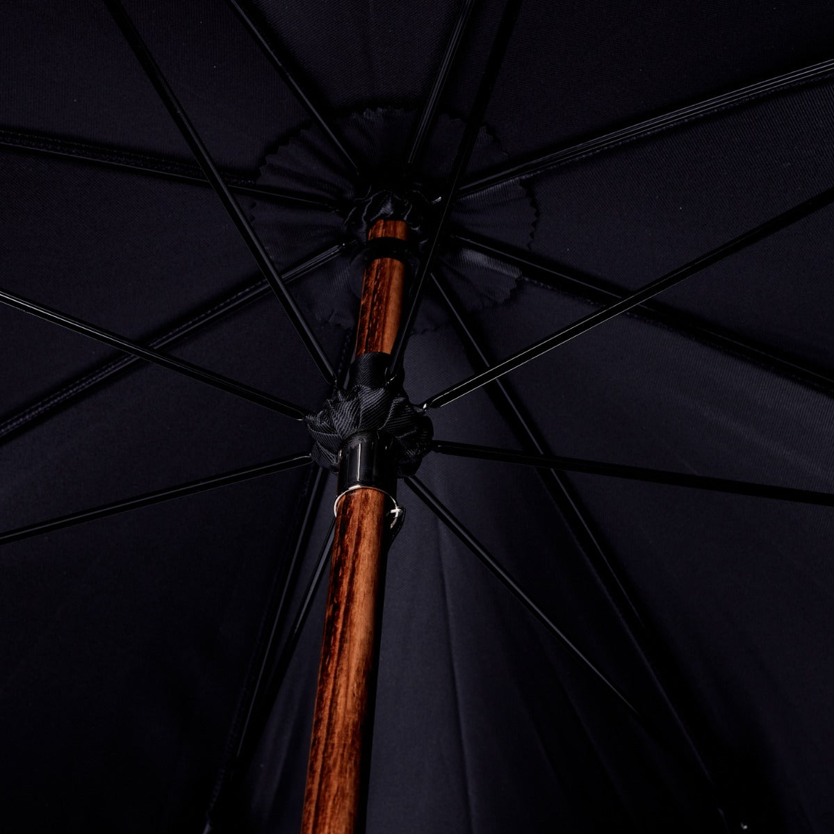 A KirbyAllison.com Black Pigskin Solid Stick Umbrella with Black Canopy.