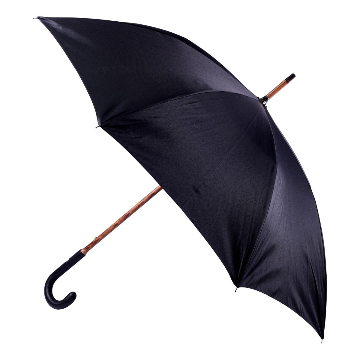 A handcrafted Black Pigskin Solid Stick Umbrella with Black Canopy from KirbyAllison.com on a white background.