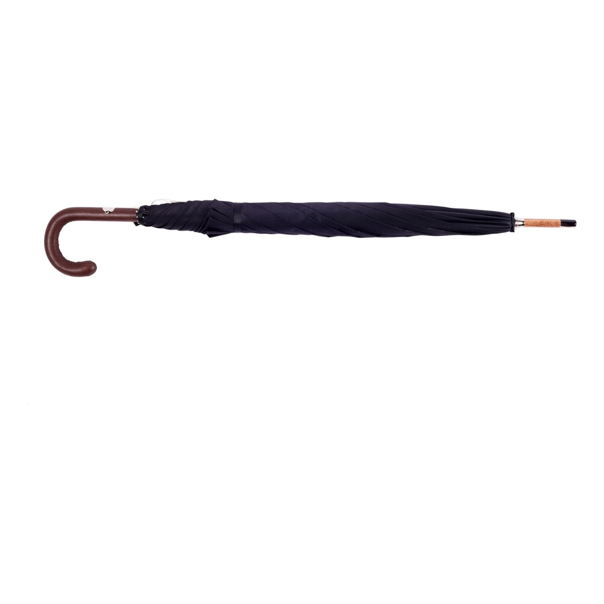 A Brown Pigskin Solid Stick Umbrella with a Black Canopy and a pigskin handle on a white background in Milan, Italy by KirbyAllison.com.