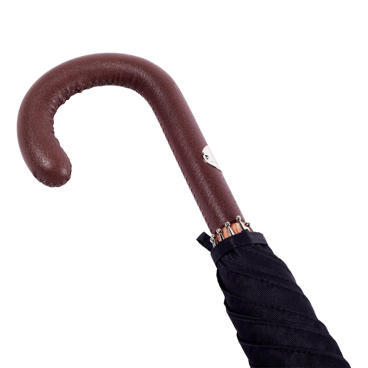 A Brown Pigskin Solid Stick Umbrella with Black Canopy, sourced from Milan, Italy and sold by KirbyAllison.com.