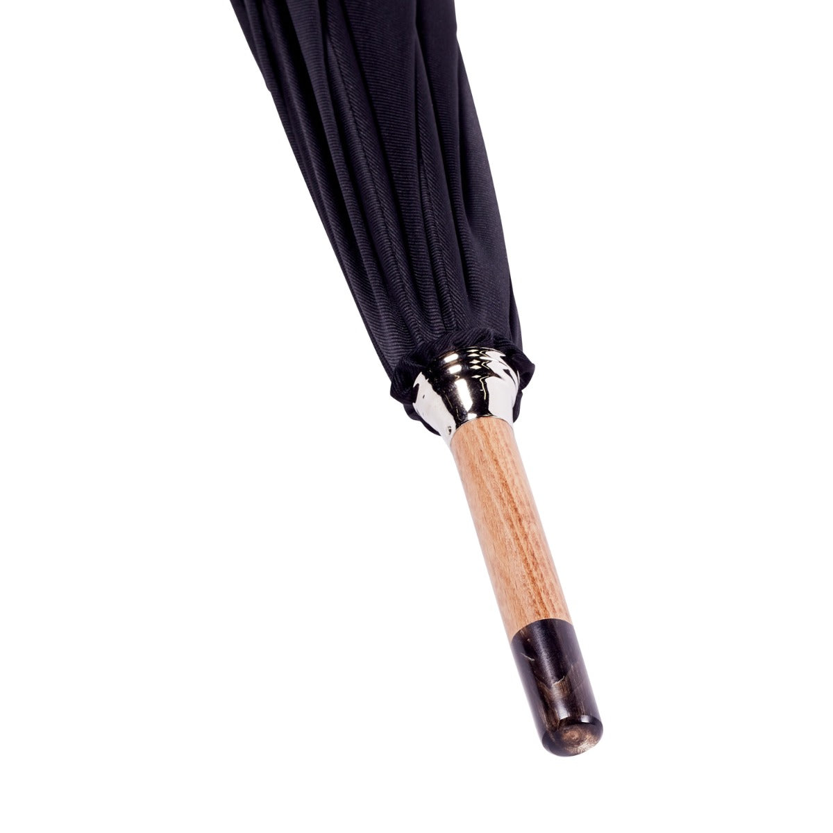 A Brown Pigskin Solid Stick Umbrella with a Black Canopy made in Italy by KirbyAllison.com.