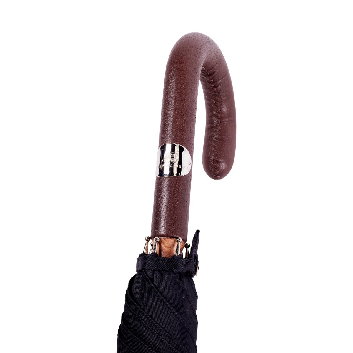 A Brown Pigskin Solid Stick Umbrella with Black Canopy with a KirbyAllison.com handle.