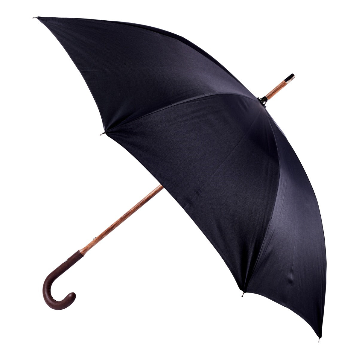 A Brown Pigskin Solid Stick Umbrella with Black Canopy from KirbyAllison.com on a white background.