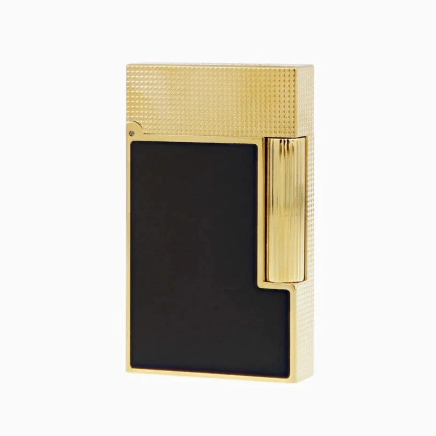 A gold and black S.T. Dupont Line 2 Gold Black Lacquer Lighter from the S.T. Dupont family on a white background.