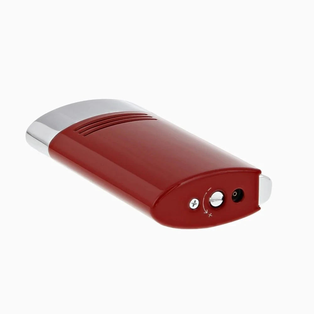 An S.T. Dupont Red and Chrome Megajet Lighter on a white background.
