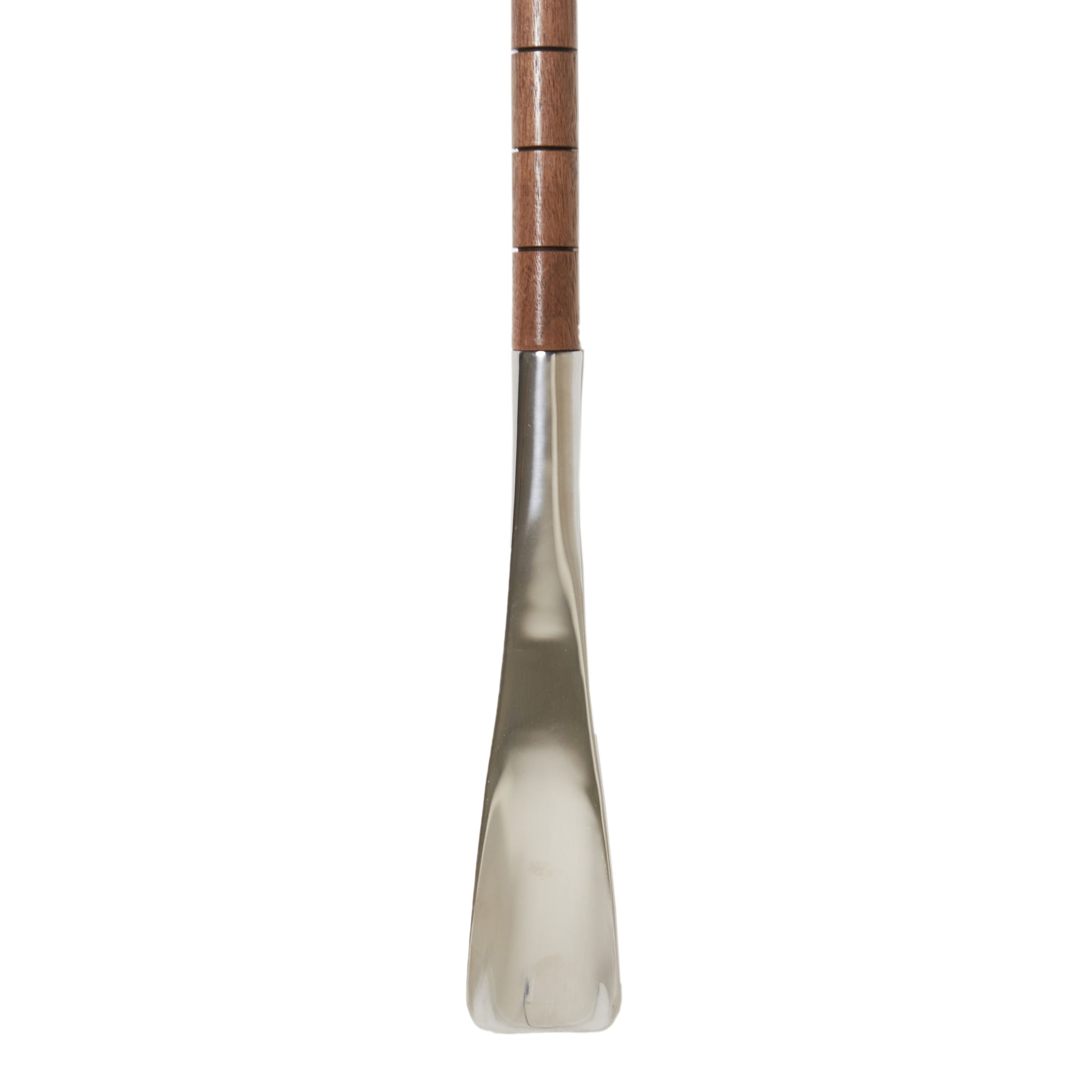 A KirbyAllison.com Walnut Full-Length Shoe Horn with a glossy finish on a white background.