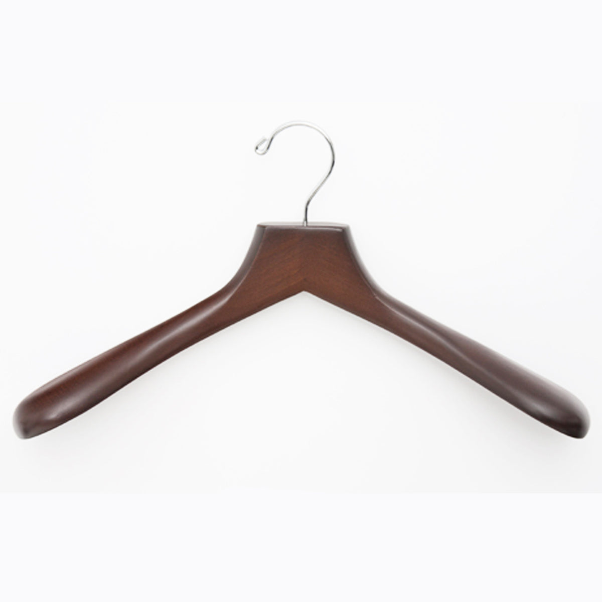 A Luxury Wooden Jacket Hanger by KirbyAllison.com featuring tailor-made shape and drape, providing essential support for luxury jackets on a white background.