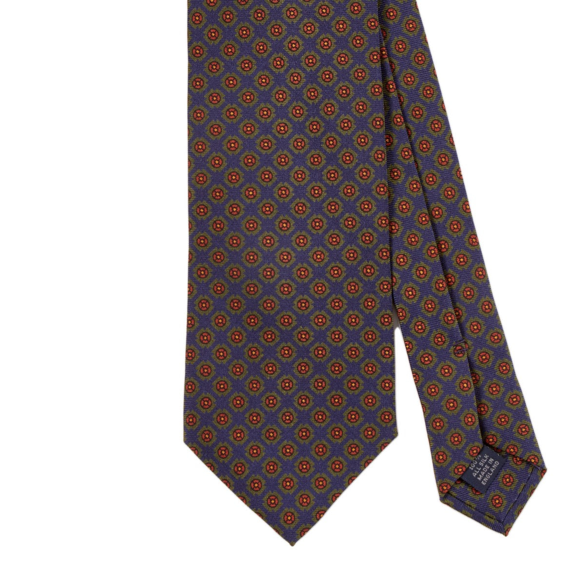 A Sovereign Grade Deco Square Printed Silk Tie designed by KirbyAllison.com in a brown and orange geometric pattern.